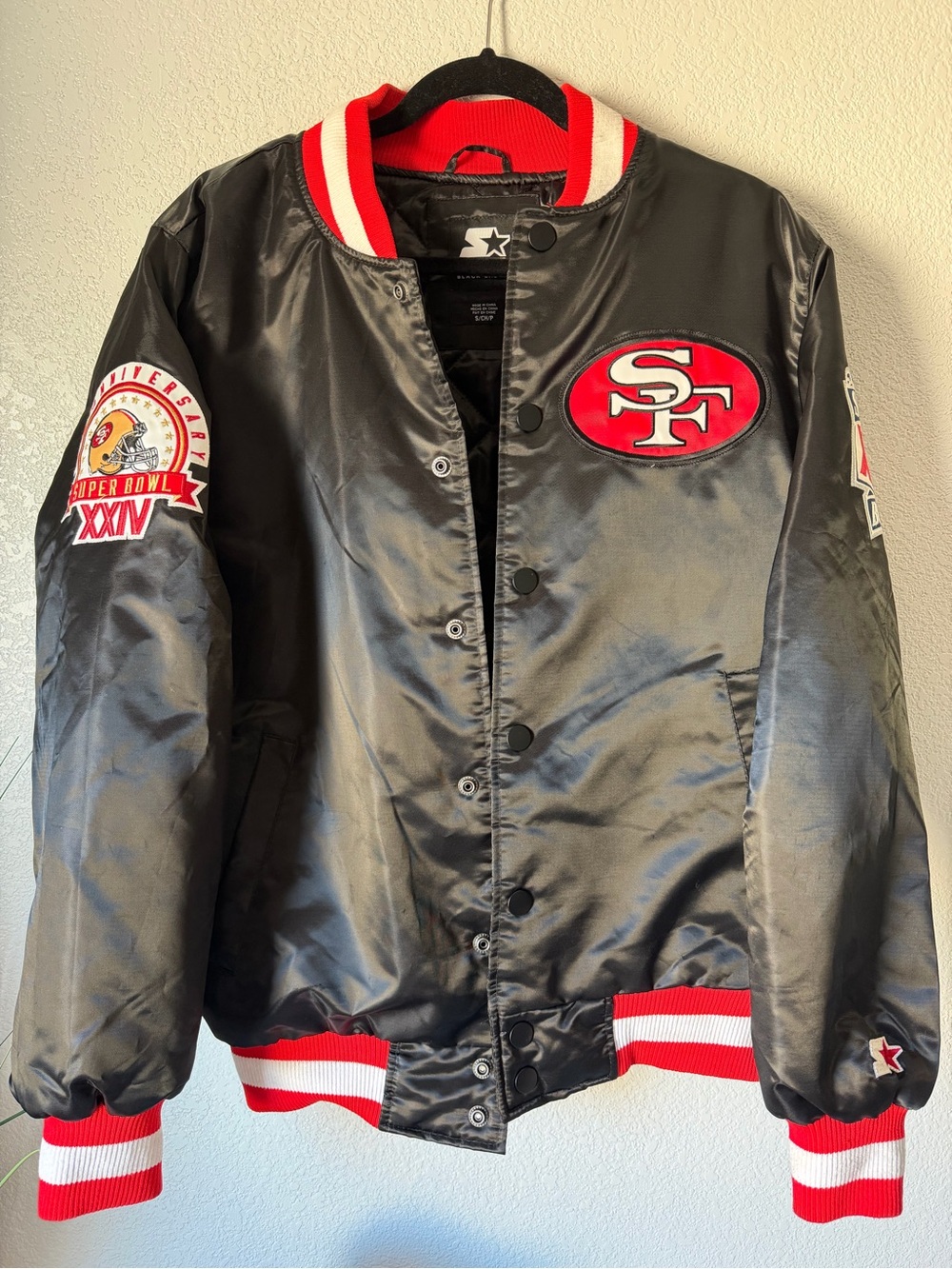 San Francisco 49ers Satin Varsity Jacket NFL Snap Front Black Red Men’s Size: S